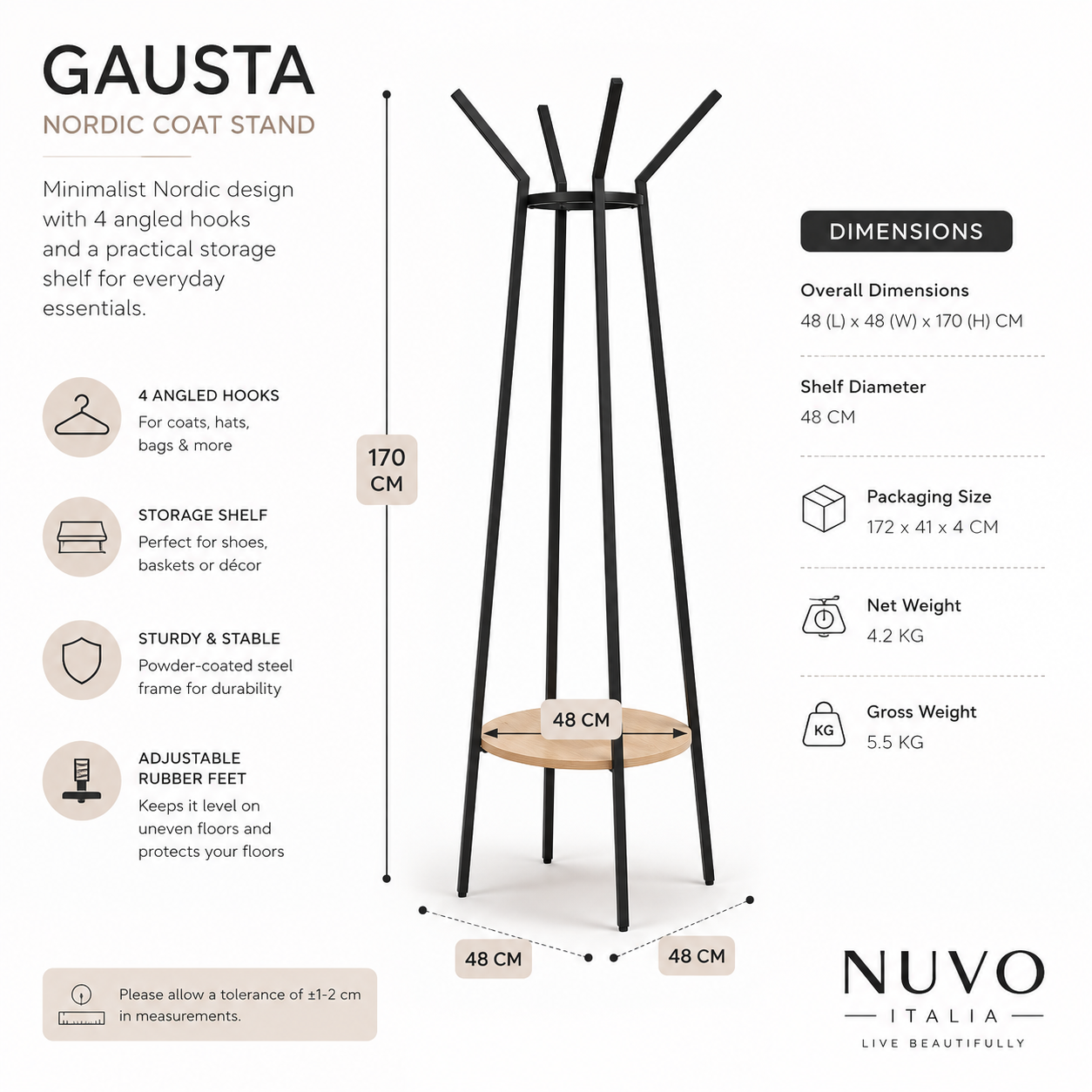 An infographic detailing the Gausta Nordic Coat Stand by NUVO ITALIA, showing a 3D product rendering with dimensions, icons describing features, and product specifications on a clean white background.