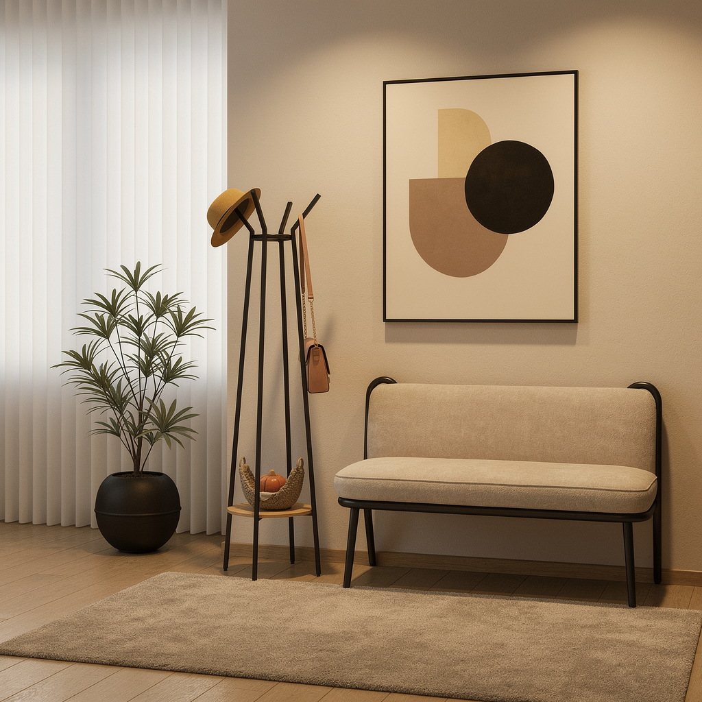 A styled interior scene with a beige upholstered bench, a black metal coat rack holding a hat and bag, a potted plant, and a framed abstract wall art print on a warm beige wall.