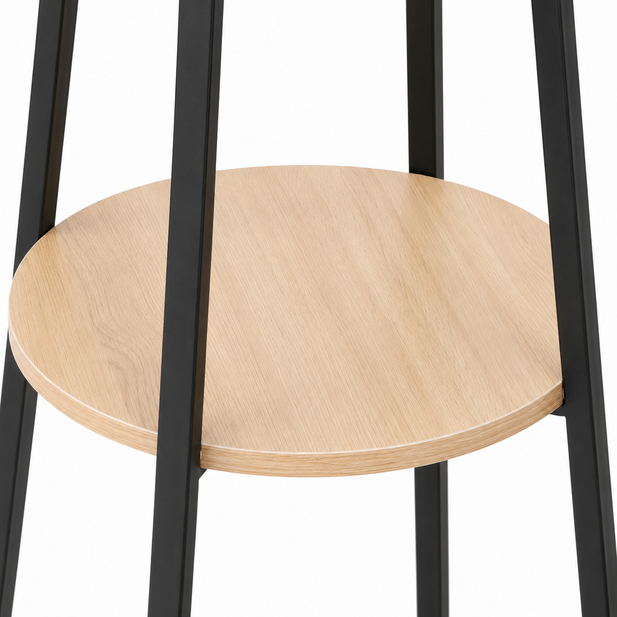 Close-up of a round light oak wood shelf supported by a black metal frame, shown against a plain white background.