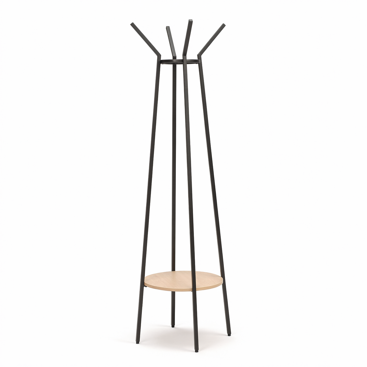 A modern coat rack with a black metal frame, four top hooks, and a light natural wood circular shelf, shown against a plain white background.