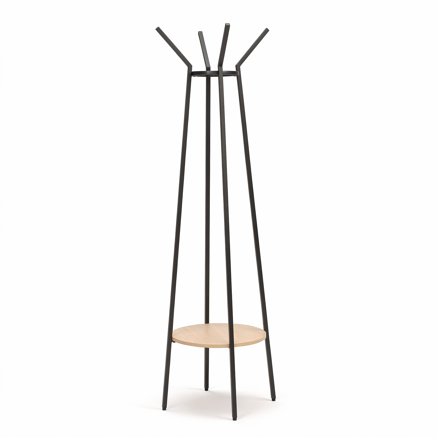 A modern coat rack with a black metal frame, four top hooks, and a light natural wood circular shelf, shown against a plain white background.