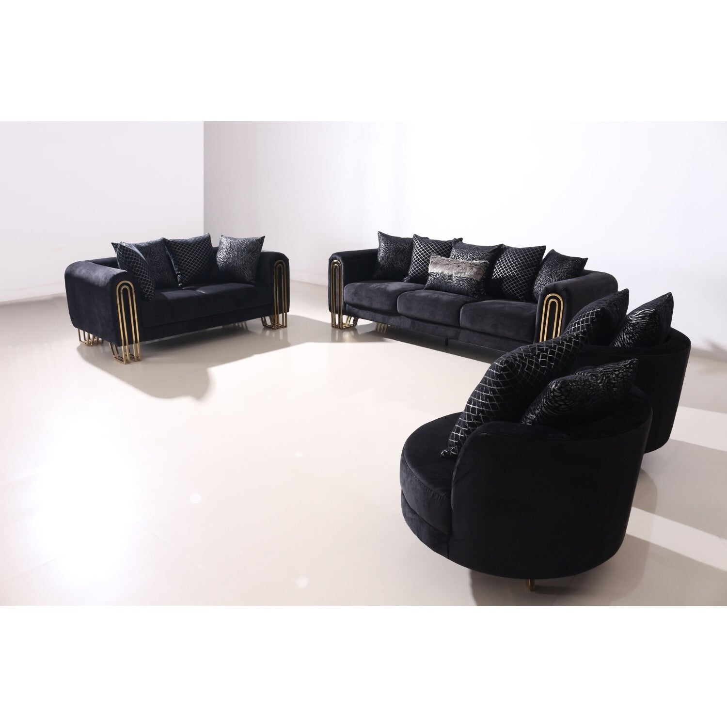 geneva sofa and armchair set gold metal base black four piece set