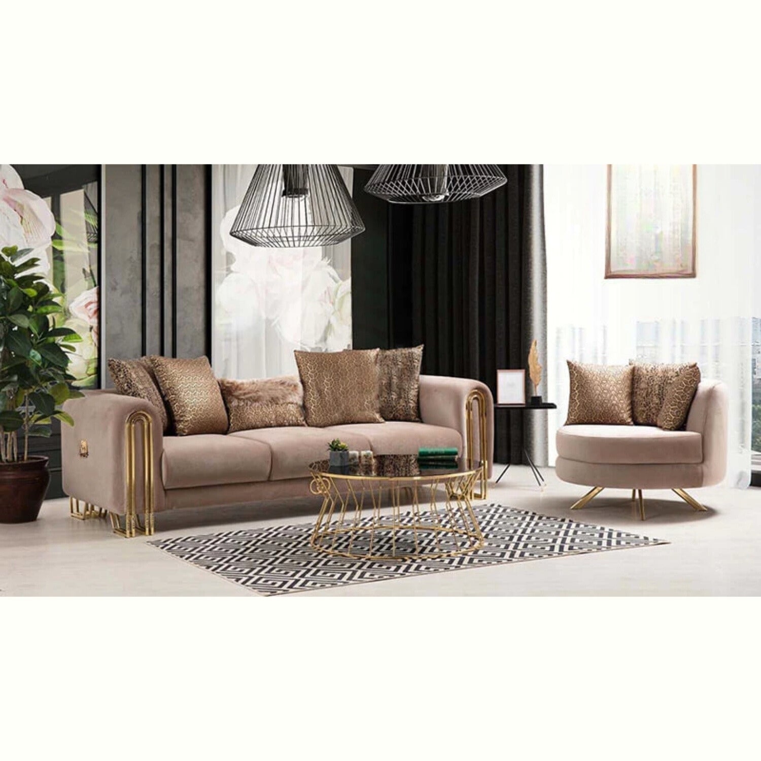 geneva sofa and armchair set gold metal base lifestyle image