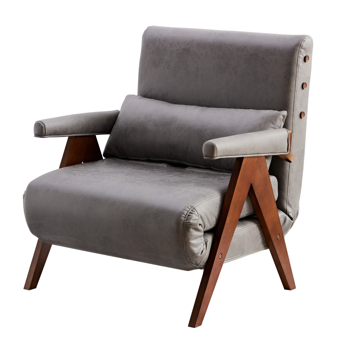 Gray chair with wooden legs and cushion.