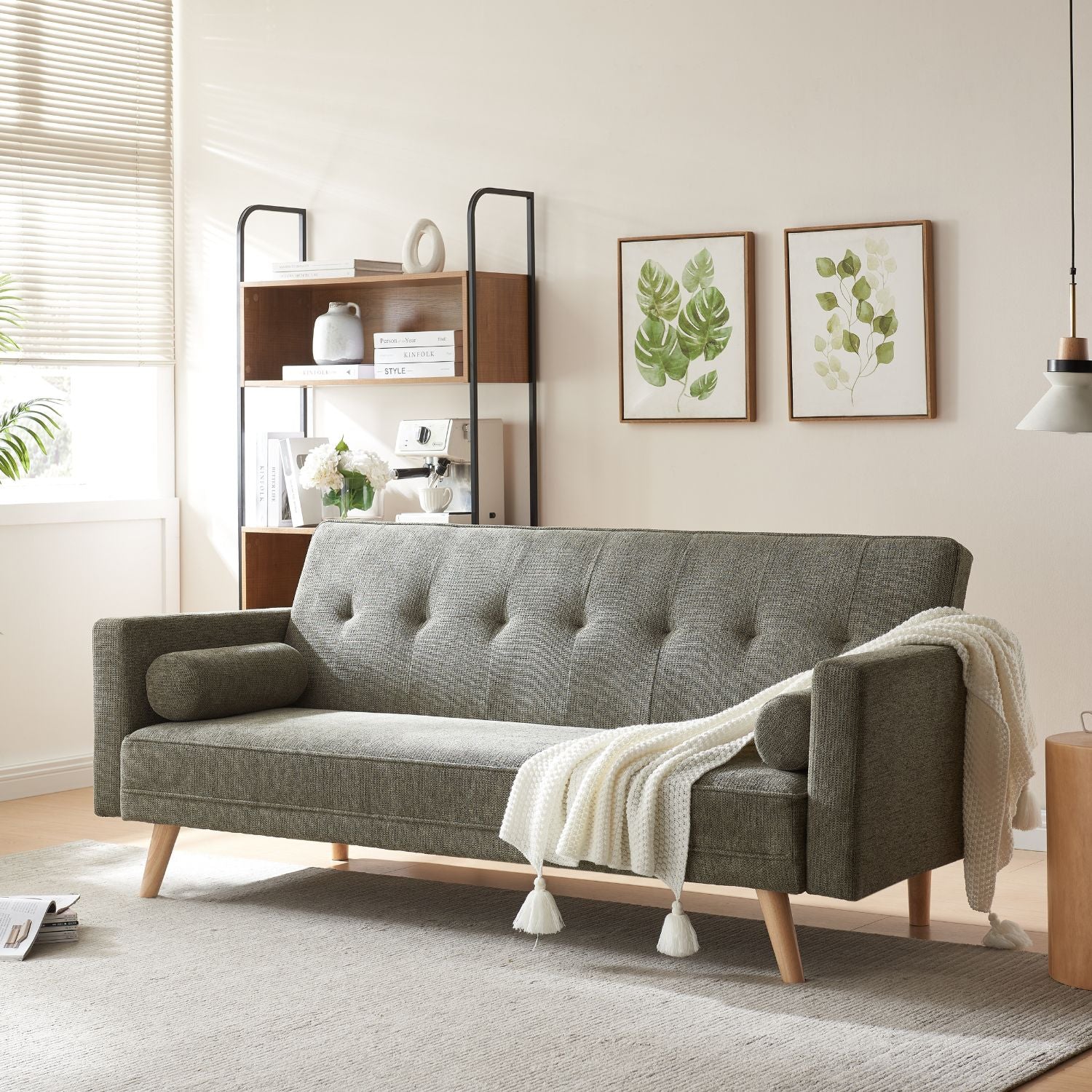 Hallstatt Green Mid-Century Modern Sleeper Couch in a styled living room setting.