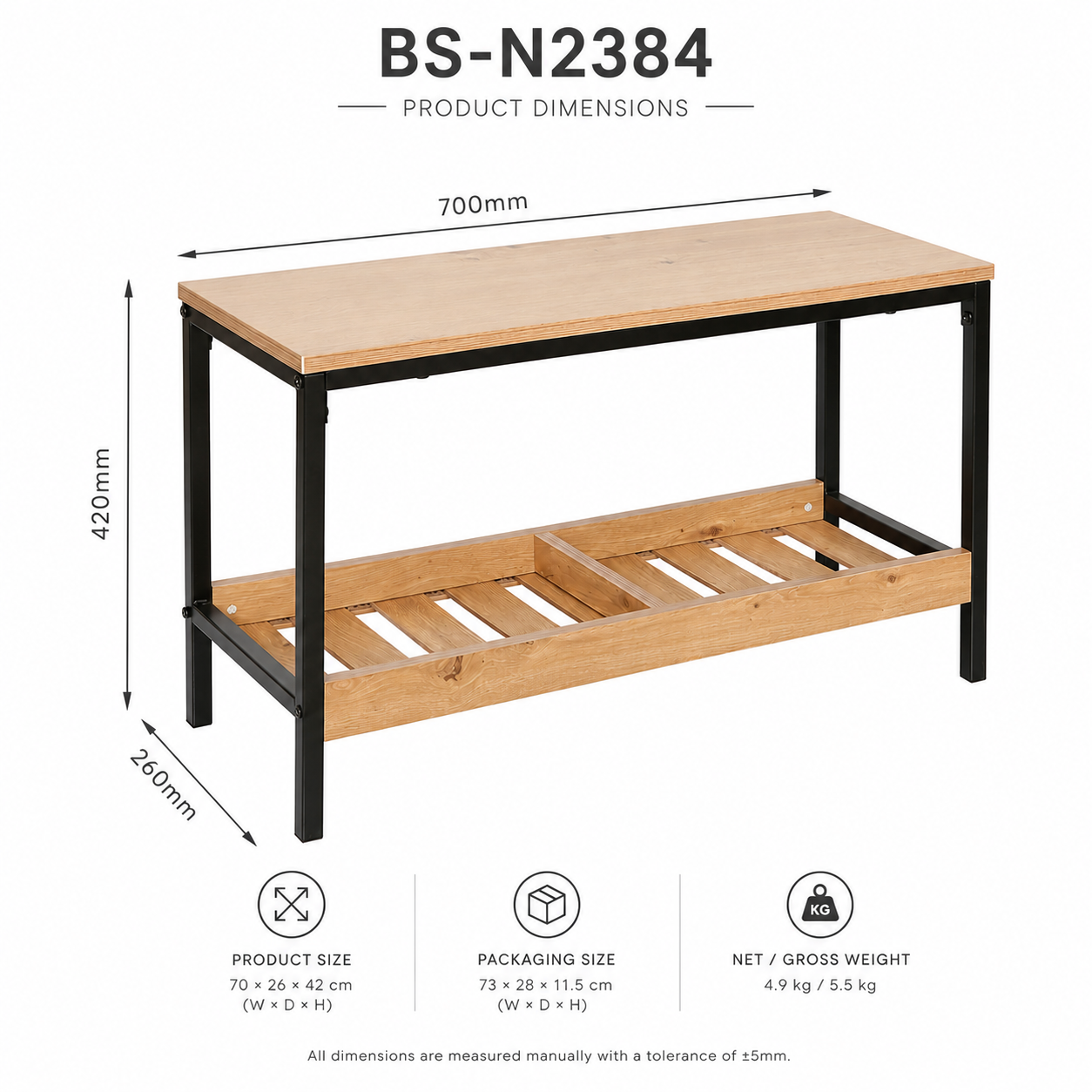 Product dimensions diagram for a BS-N2384 industrial-style table. The table has a light natural wood top and lower shelf, with a black metal frame.