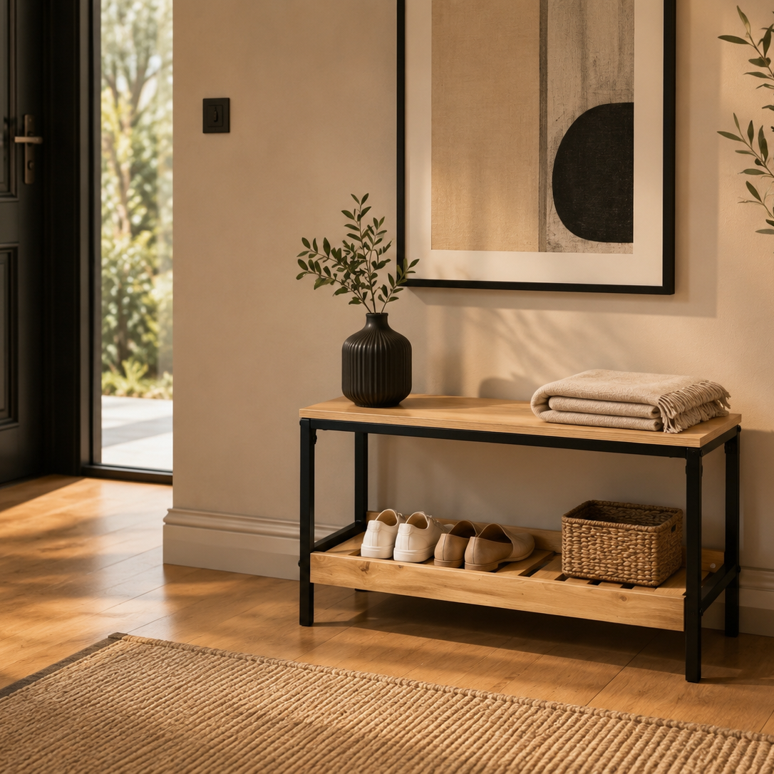 A wooden entryway shoe bench with a black metal frame, styled in a warm, modern entryway with a folded towel, shoes, and a basket. The bench is positioned against a beige wall next to a potted tree and a framed abstract print.