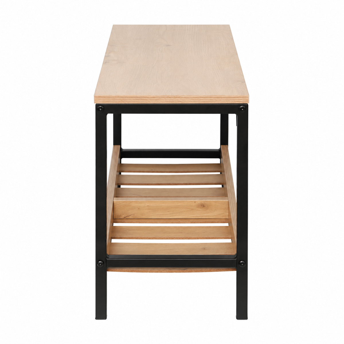 A modern industrial-style side table featuring a light natural wood top and slatted shelf, supported by a black metal frame, shown against a plain white background.