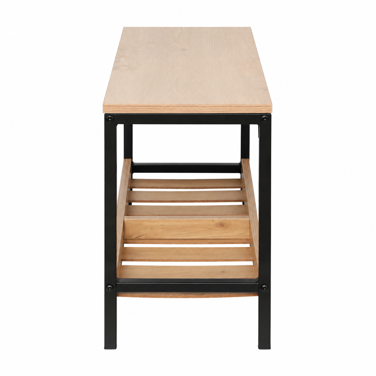 A modern industrial-style side table featuring a light natural wood top and slatted shelf, supported by a black metal frame, shown against a plain white background.