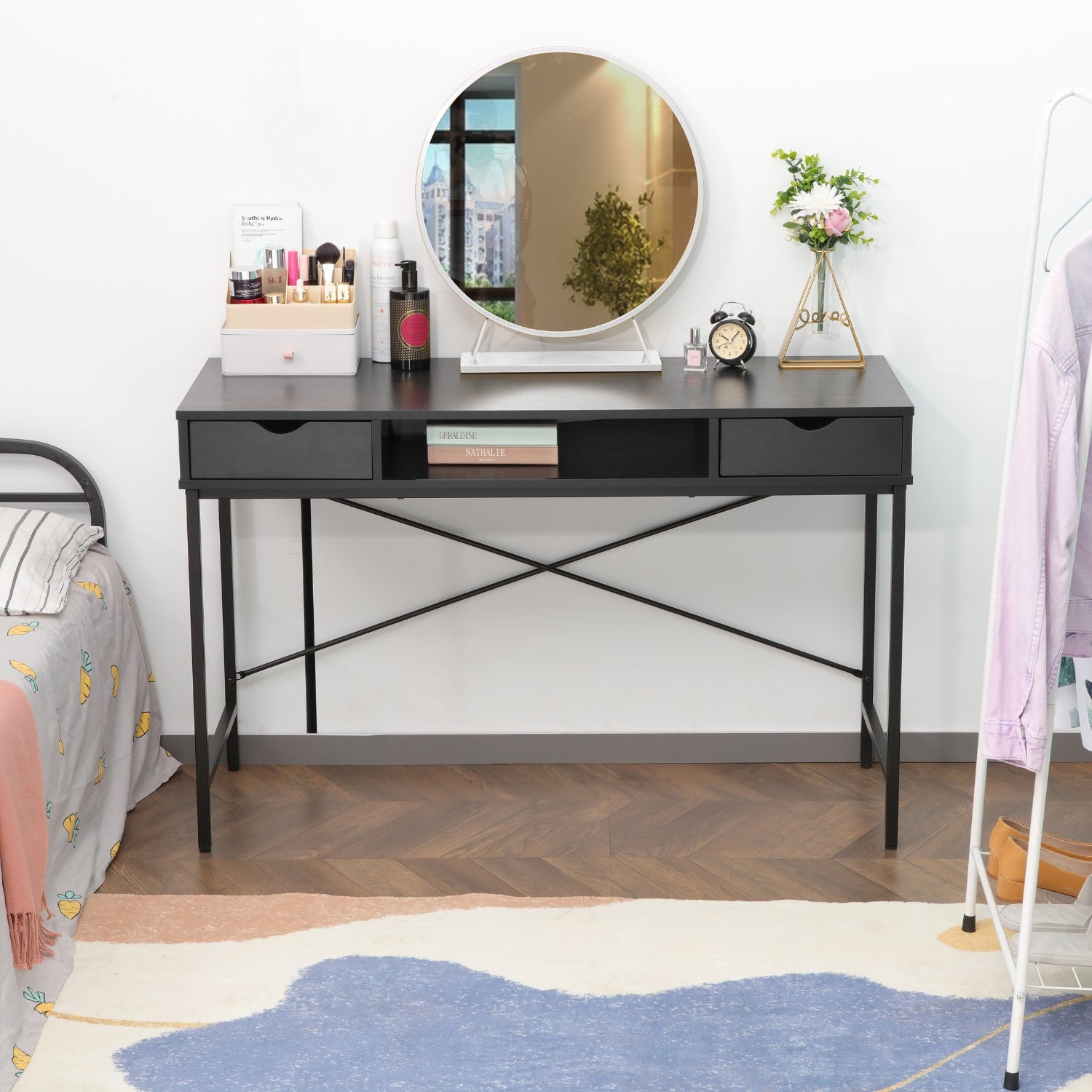 kiana black desk with mirror and bed