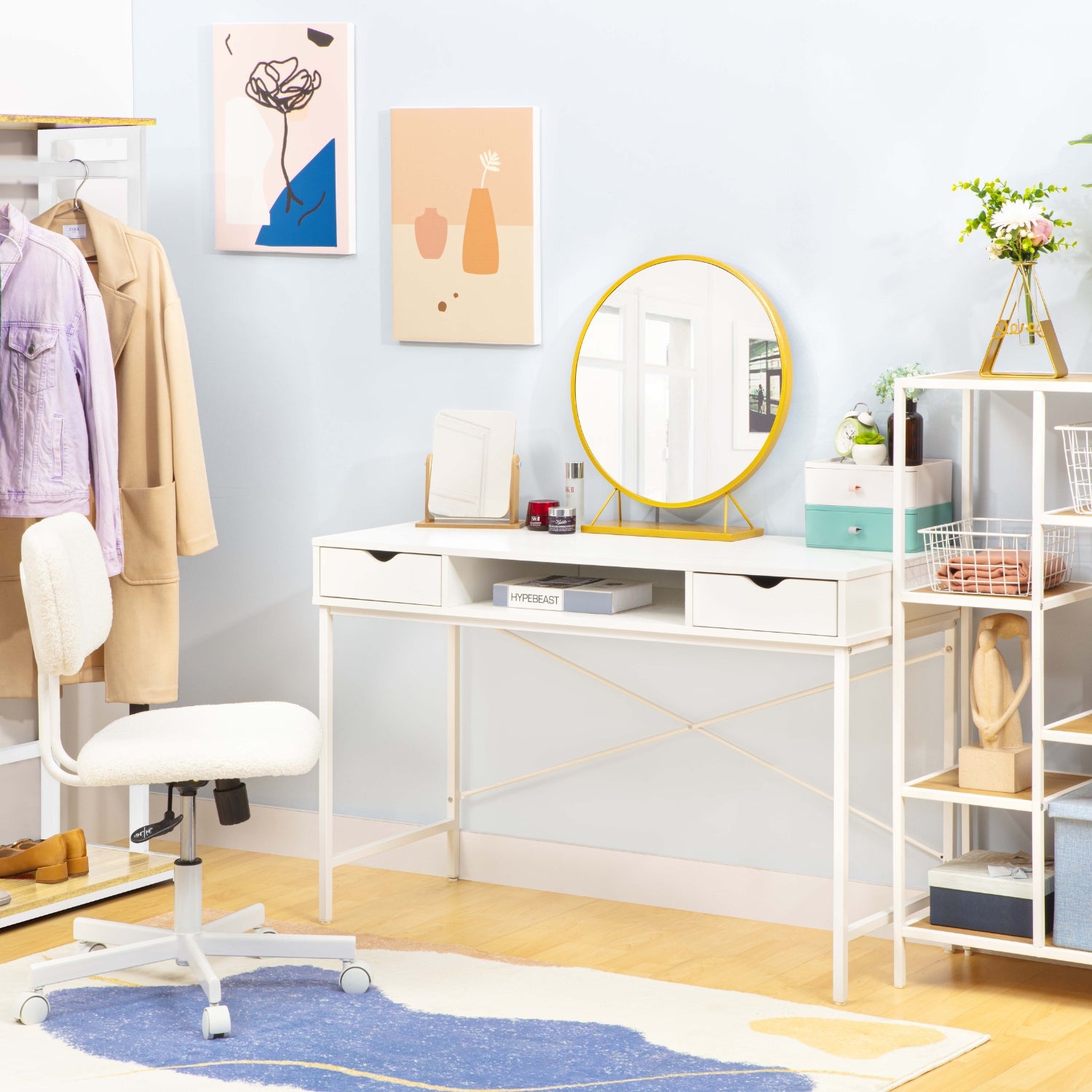 kiana desk white with mirror and clothes rack and chair