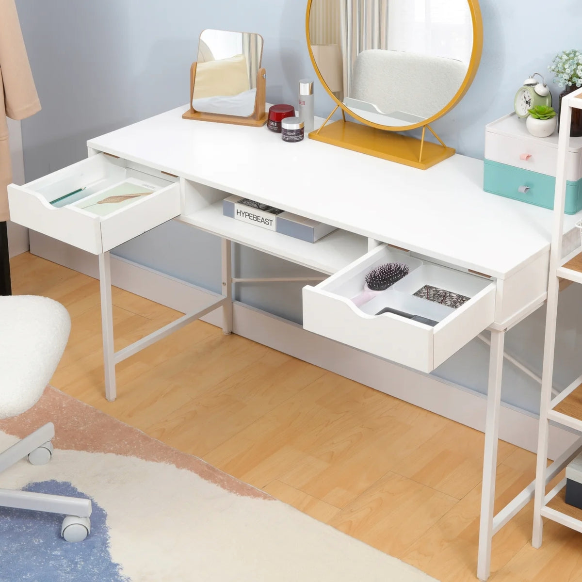 kiana writing desk featuring white drawers and mirror