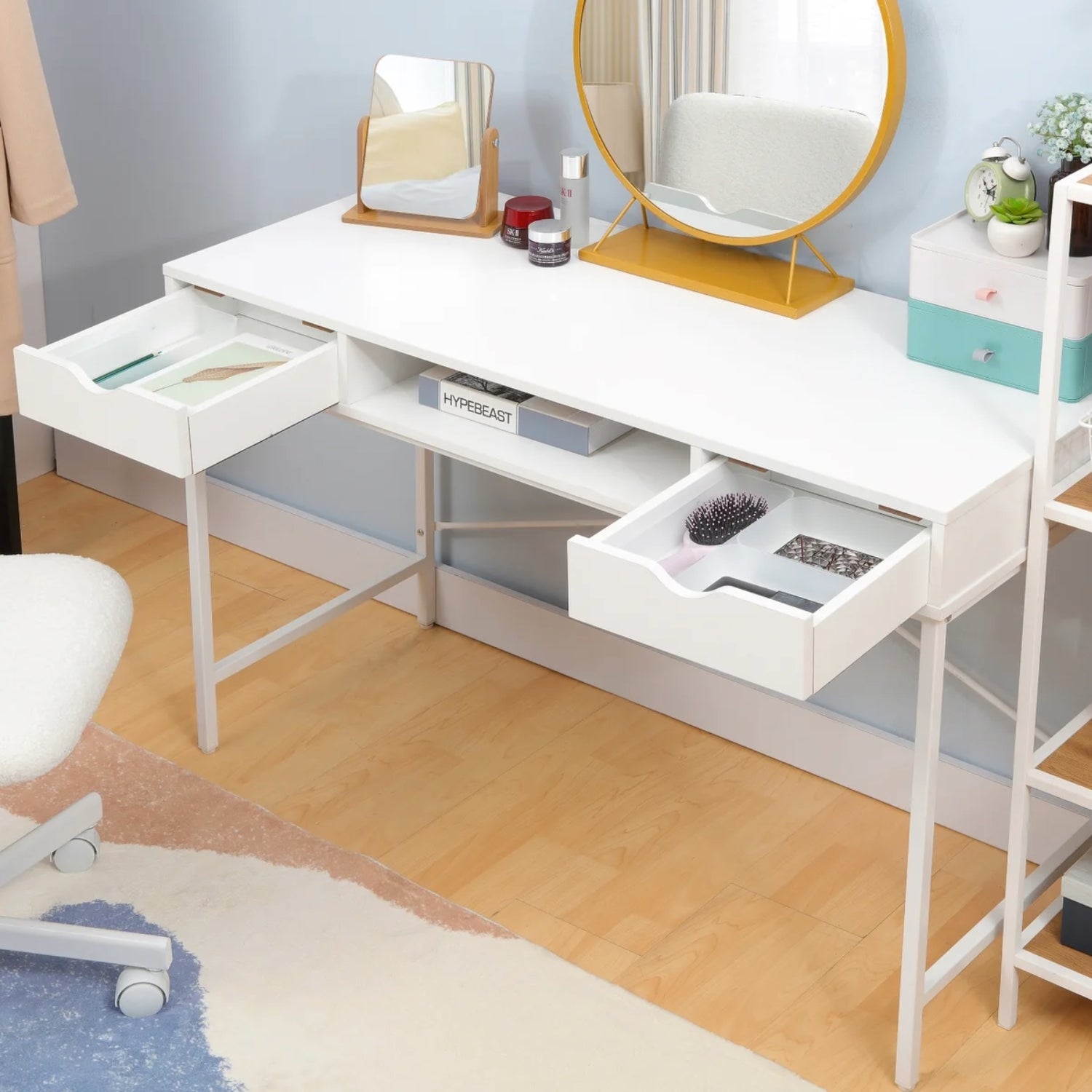 kiana writing desk featuring white drawers and mirror