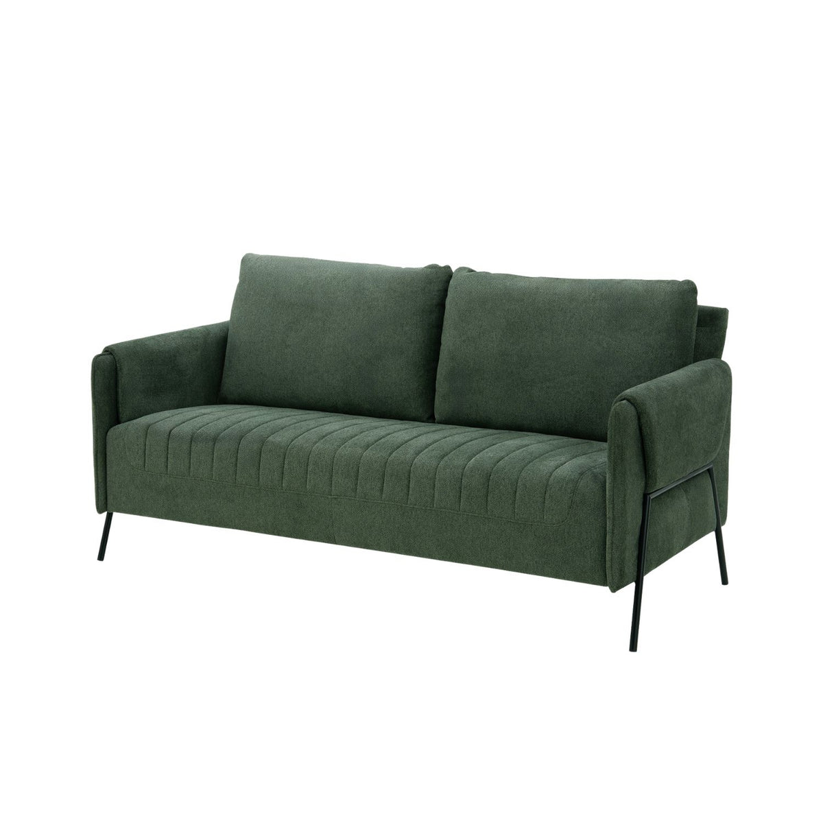 Angled front view of the Kreslo Green 2-Seater Sofa showing the design details.