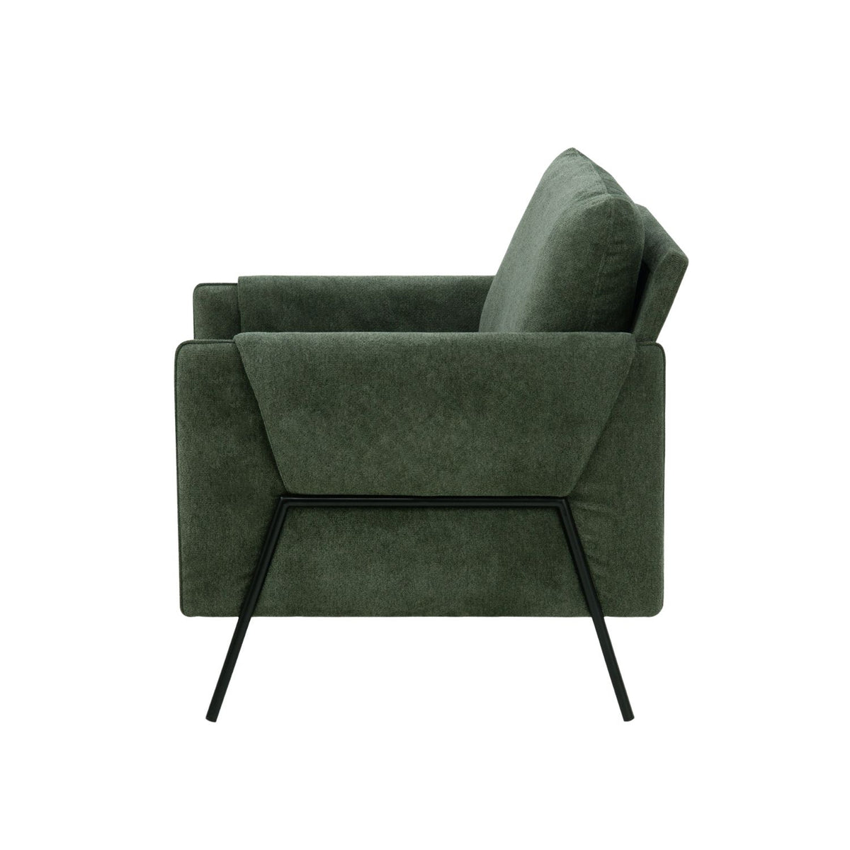 Side profile of the Kreslo Green Armchair showing its clean lines and black frame.