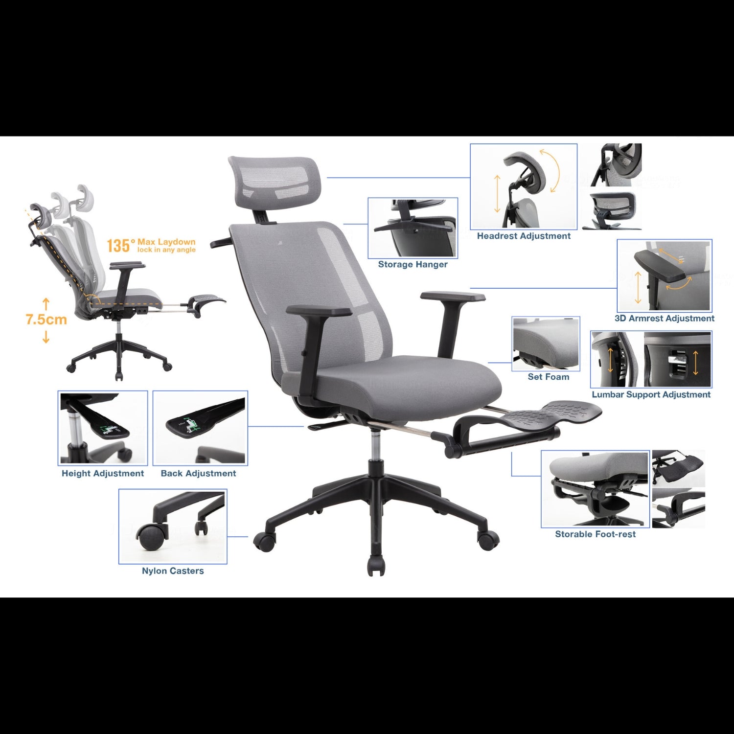 Kyona ergonomic office chair with all its functions parts and accessories including armrests wheels and adjustable height.