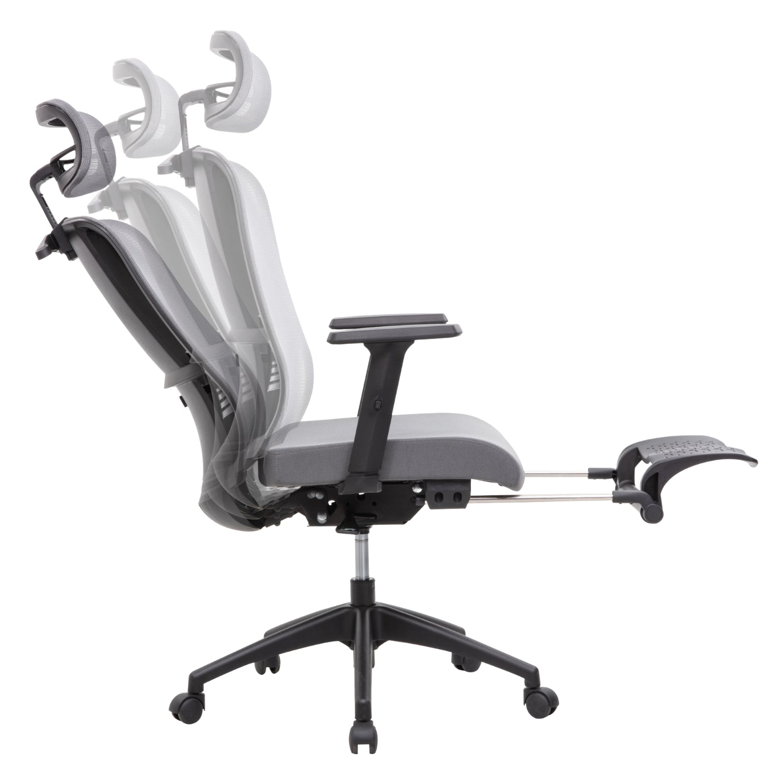 Kyona mesh grey office chair with a footrest and adjustable reclining providing comfort and support for long hours of work.