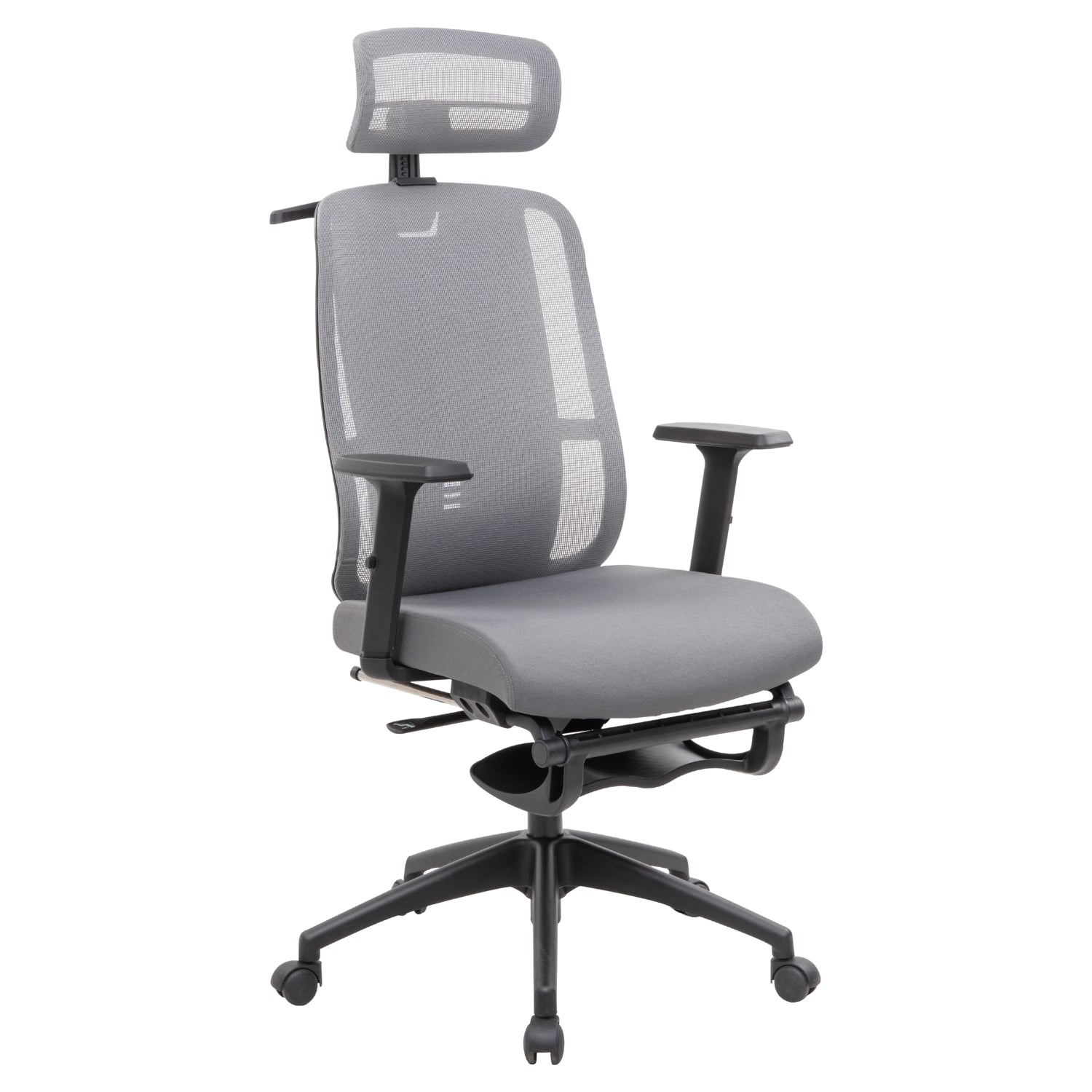 Kyona mesh office adjustable task chair with clothing hanger foot rest adjustable headrest lumbar support and armrest.
