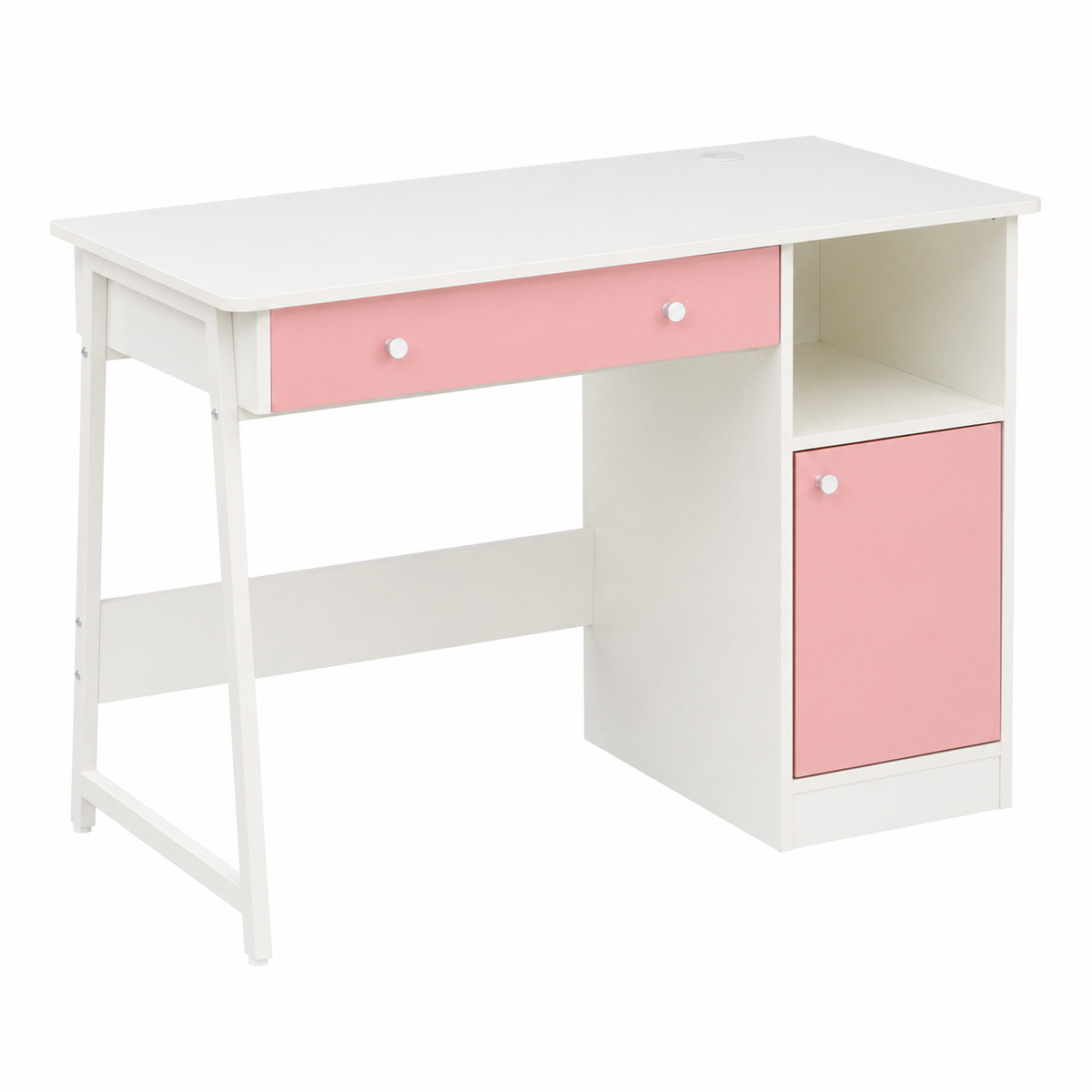 A white writing desk with pink drawer and cabinet doors, featuring a single drawer with a round knob, an open shelf, and a lower storage cabinet with a pink door.