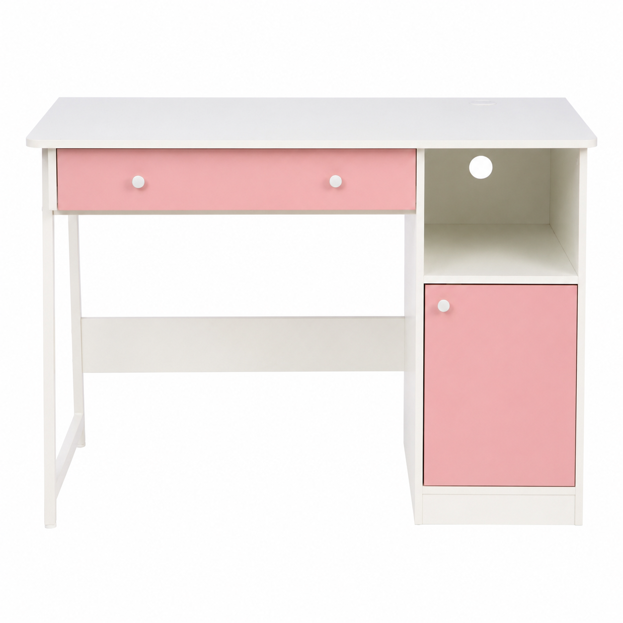 A white and pink children's desk with a single drawer, an open shelf, and a cabinet door with a round knob, shown on a plain white background.
