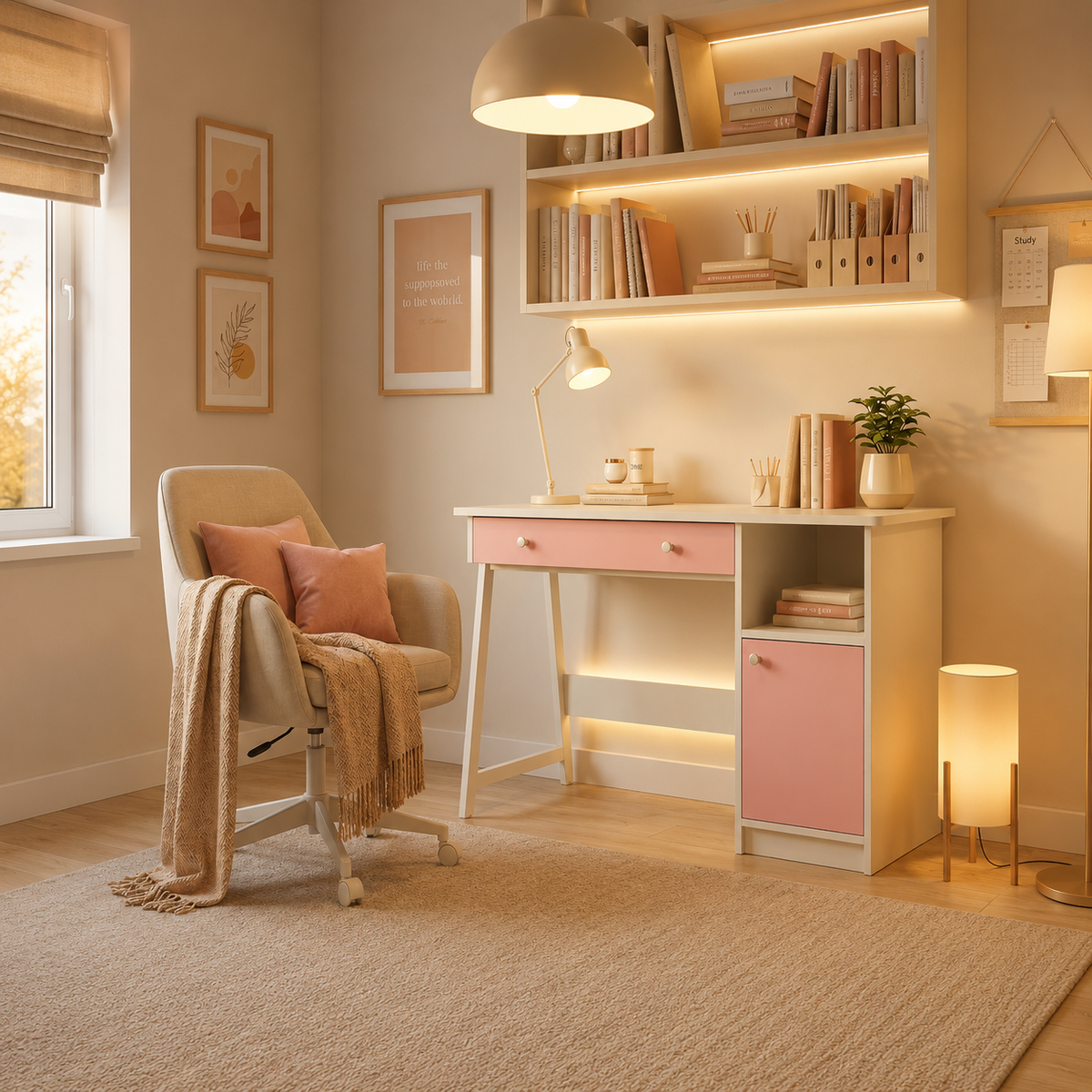 A cozy home office corner featuring a white desk with pink drawer and cabinet fronts, built into a shelving unit with warm LED lighting. A cream upholstered chair with a draped throw blanket sits beside the desk, and the room is styled with books, framed art, a hanging lamp, and a floor lamp on a beige rug.
