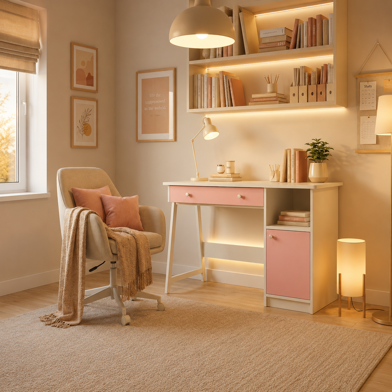 A cozy home office corner featuring a white desk with pink drawer and cabinet fronts, built into a shelving unit with warm LED lighting. A cream upholstered chair with a draped throw blanket sits beside the desk, and the room is styled with books, framed art, a hanging lamp, and a floor lamp on a beige rug.