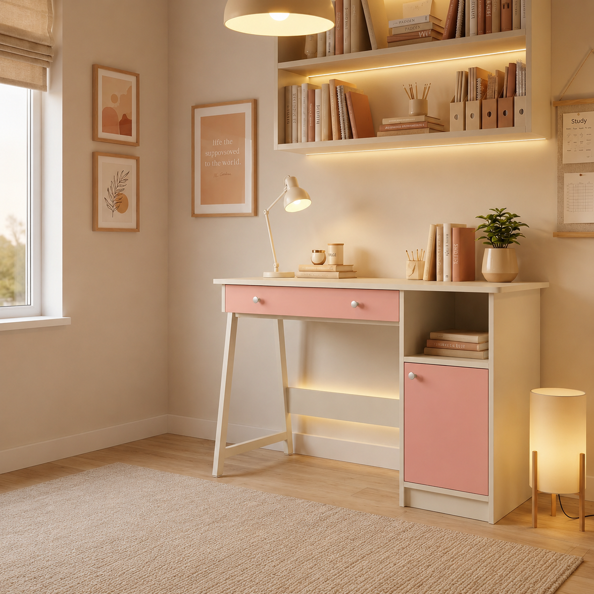 A modern children's desk in a warm, styled room. The desk has a white frame with soft pink drawer and cabinet fronts, set against a beige wall with built-in shelves and warm lighting.