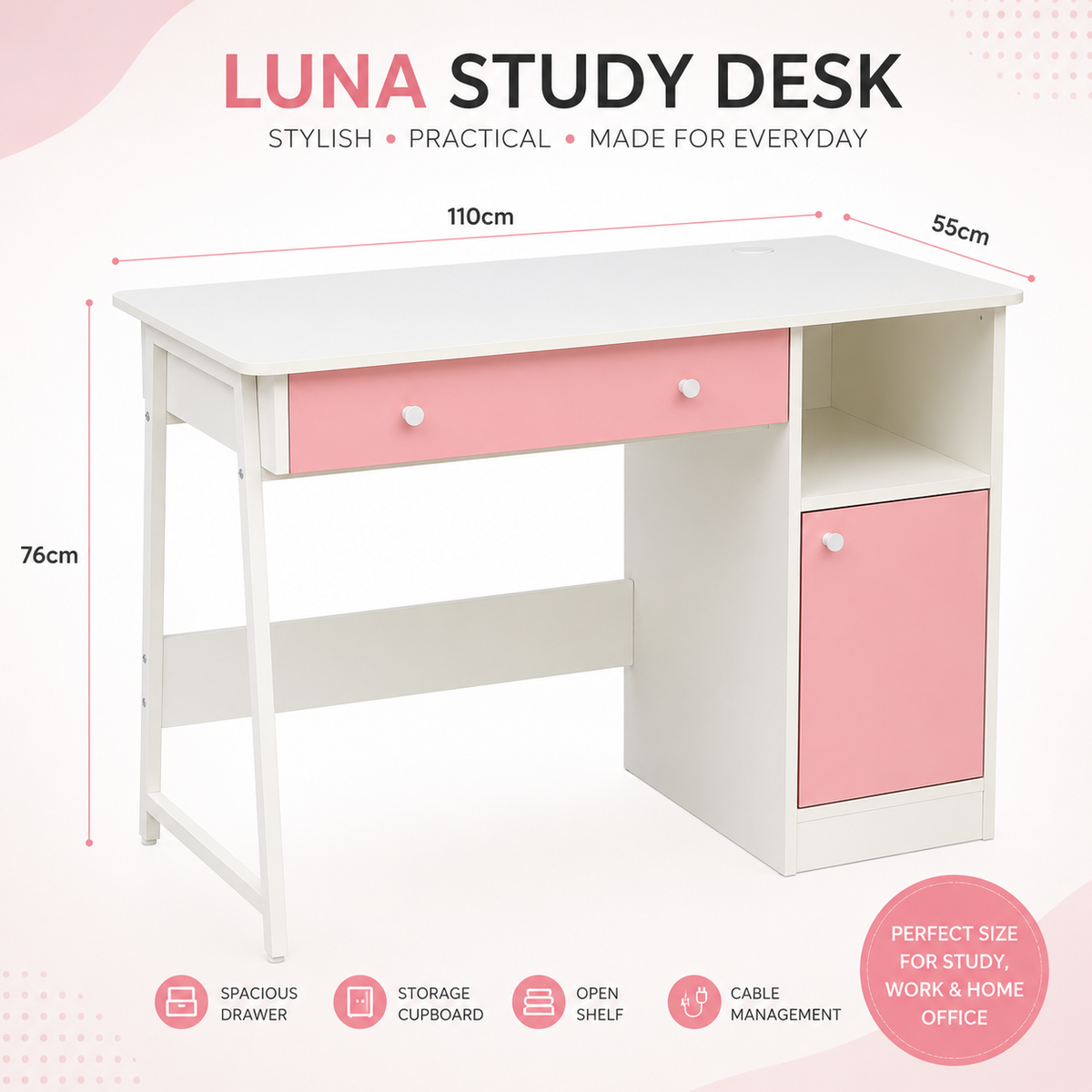 White and pink study desk labeled 'LUNA STUDY DESK' with dimension lines showing 110cm width, 55cm depth, and 76cm height. The desk has a white top, pink double drawer with white knobs, an open shelf, and a pink cabinet door on a light background with feature icons and text.