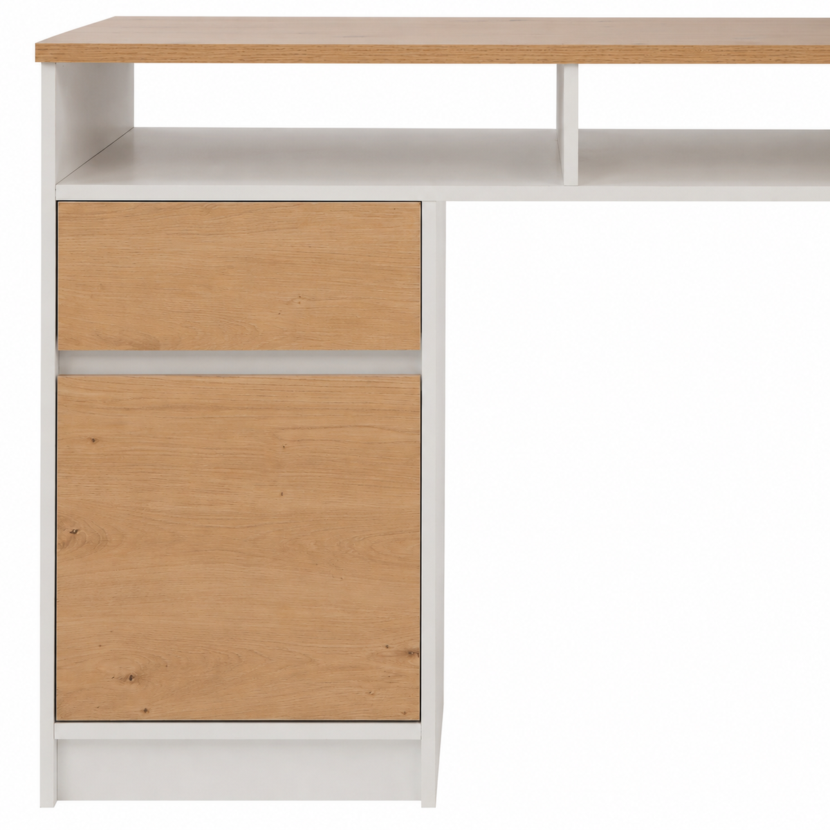 A modern desk with a light oak wood grain finish on the top surface, drawer front, and lower cabinet door, paired with a white frame and open shelf.