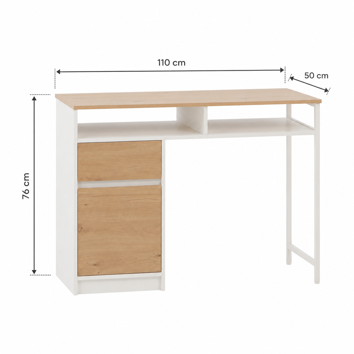 A white and light wood writing desk with dimension annotations showing 110 cm width, 76 cm height, and 50 cm depth, on a plain white background.