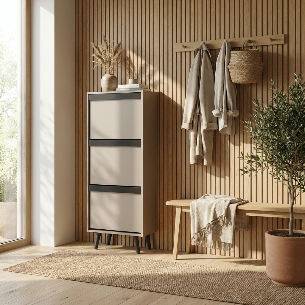 A modern three-drawer shoe storage cabinet in a warm beige and gray color, styled in a minimalist entryway with a wooden slat wall, bench, coat rack, and potted plant.