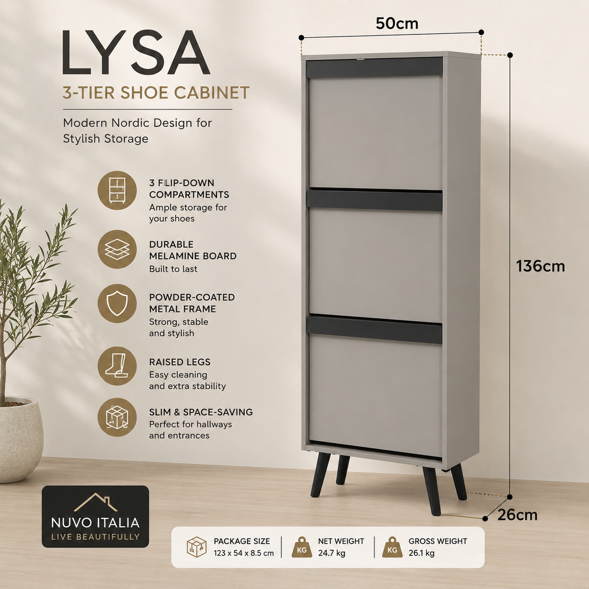 A 3-tier shoe cabinet by Lysa in a modern Nordic design, shown in a warm beige room setting with dimension lines indicating 136cm height, 50cm width, and 26cm leg depth. The cabinet features a light gray melamine front, black legs, and is accompanied by product feature icons and a 'Nuvo Italia' brand logo.