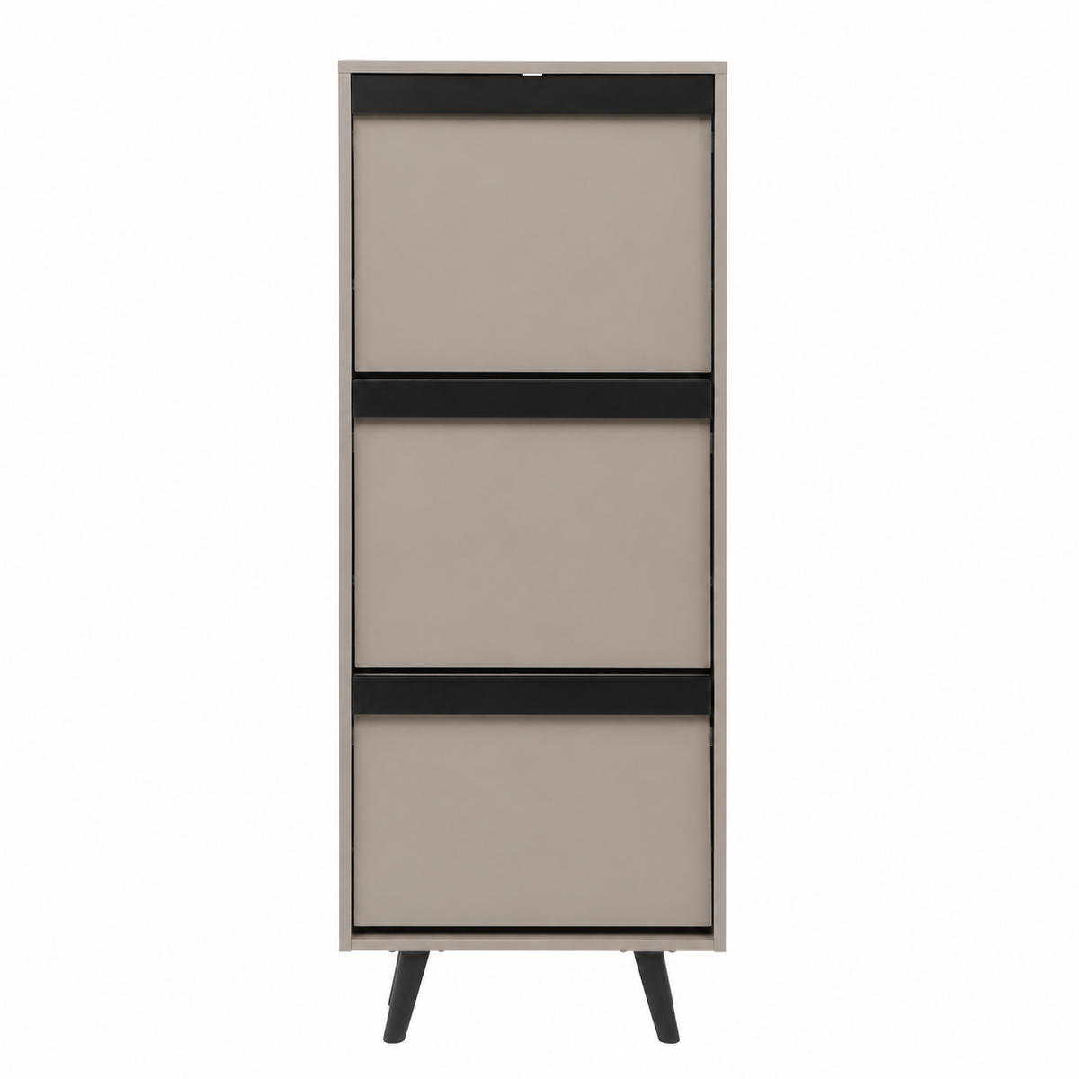 A modern three-drawer shoe storage cabinet with taupe-beige drawer fronts and black horizontal trim, supported by angled black legs, shown against a plain white background.