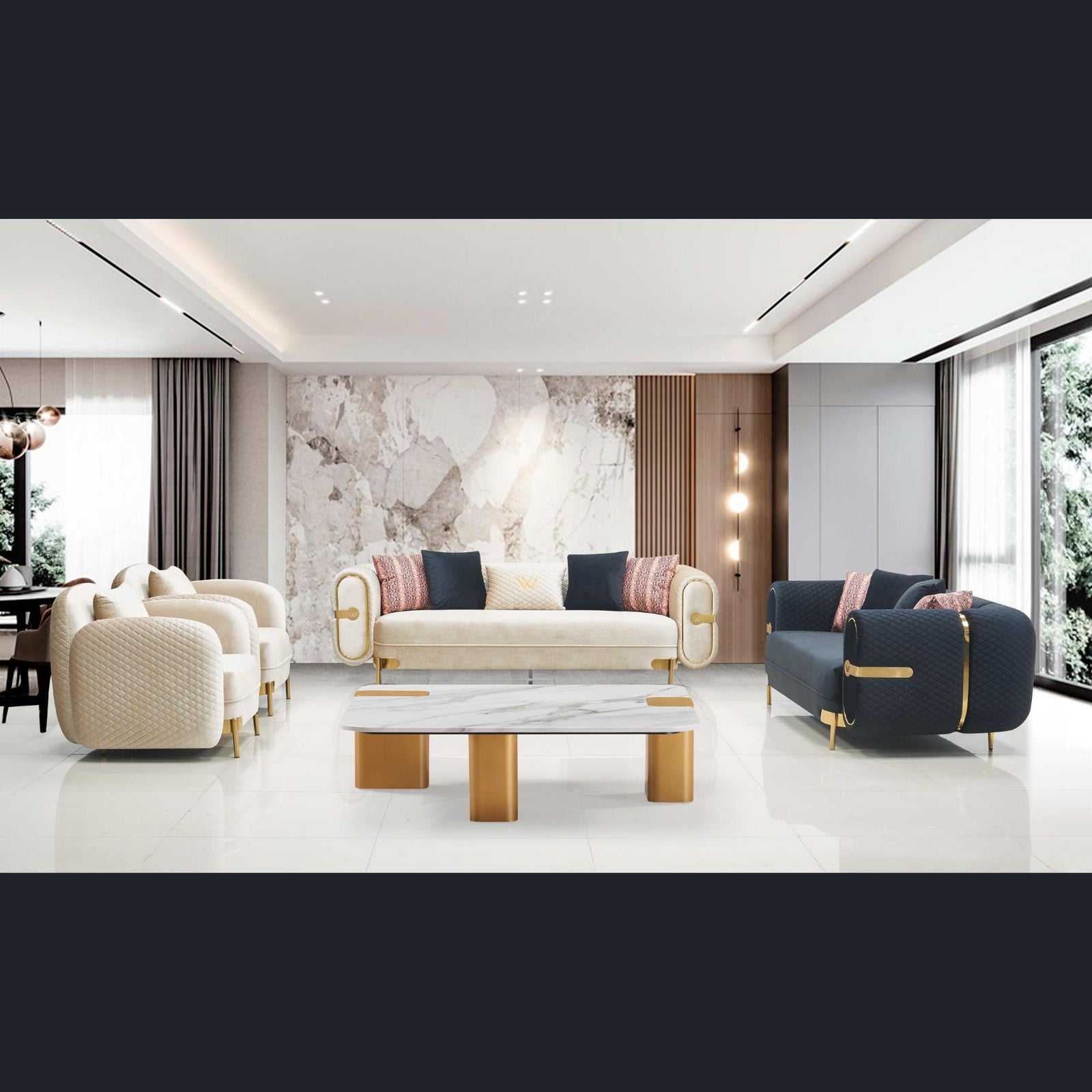 Marielle Sofa Set – Ivory & Black Gold Trim