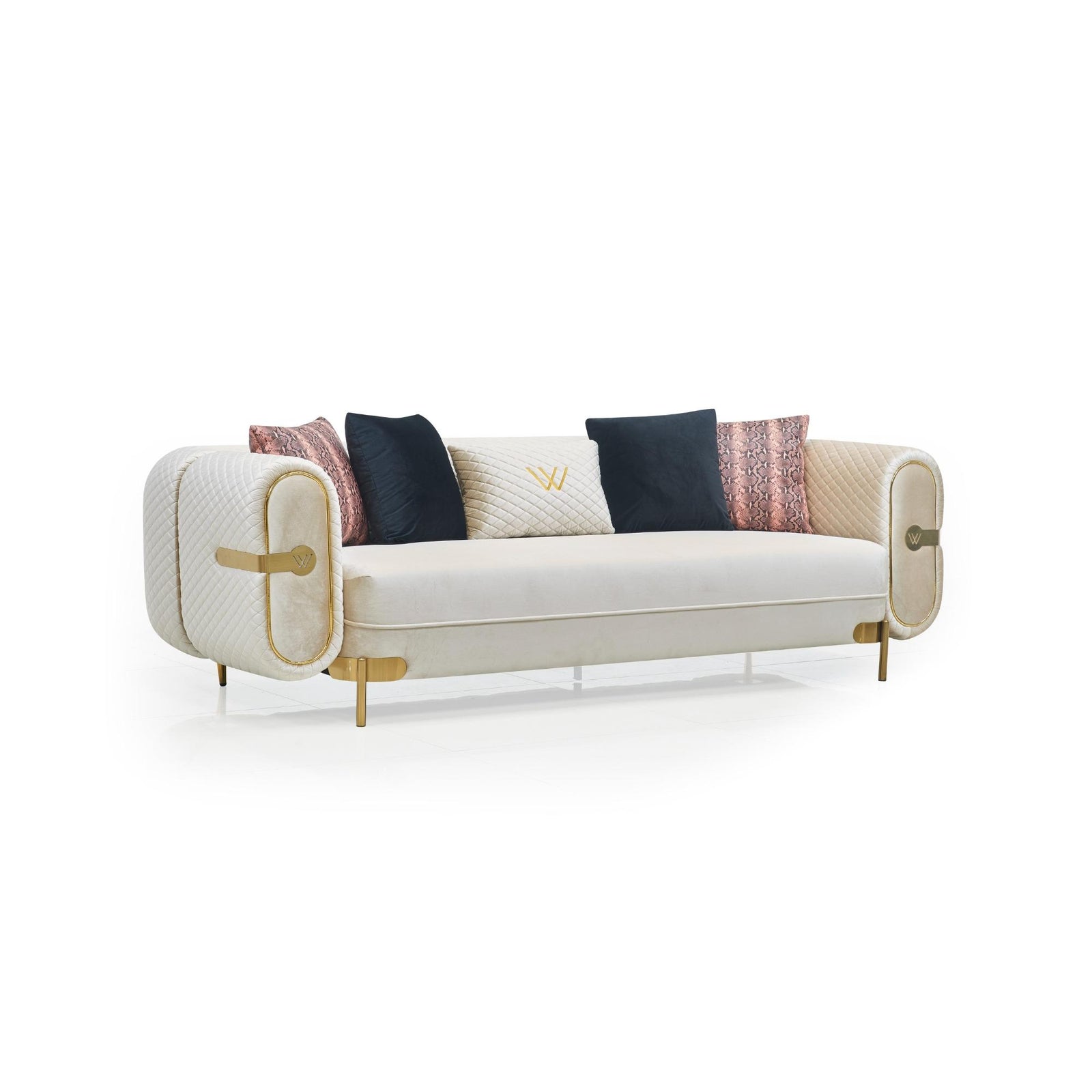 Marielle Sofa Set – Ivory & Black Gold Trim