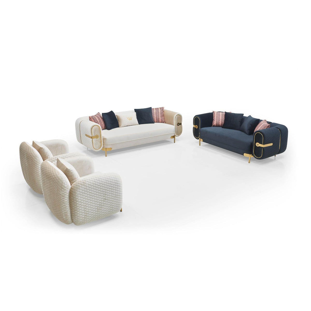 Marielle Sofa Set – Ivory & Black Gold Trim