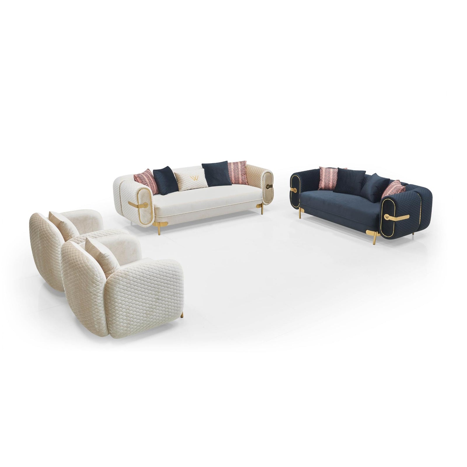 Marielle Sofa Set – Ivory & Black Gold Trim