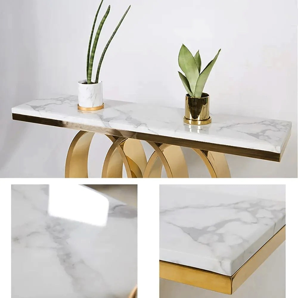 mercer steel gold console table stone top