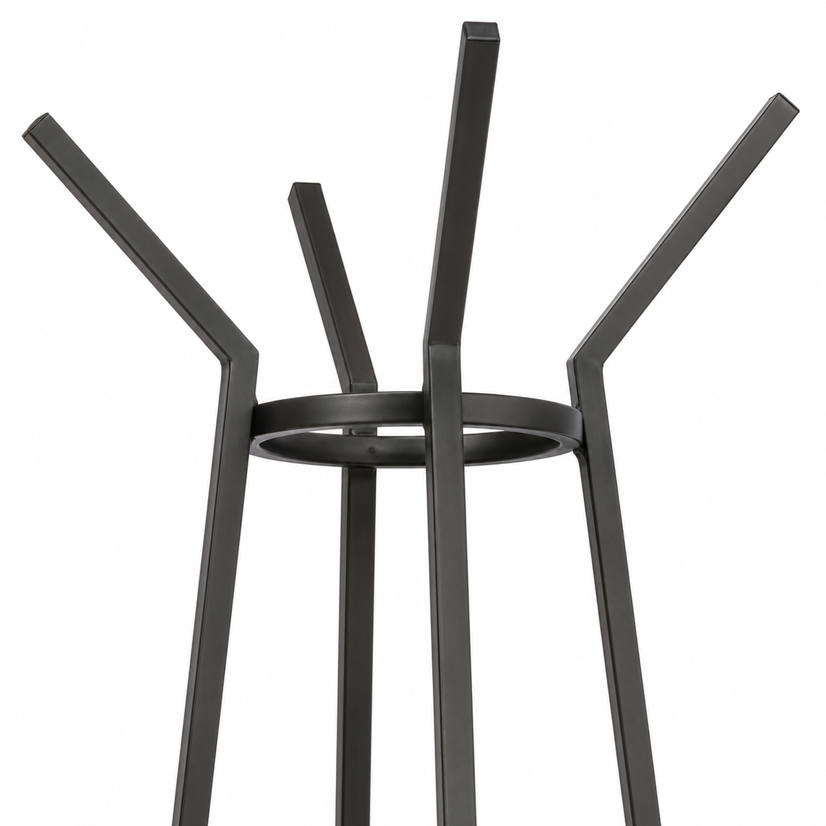 A modern black metal coat rack stand with five angled support arms and a circular ring base, shown on a plain white background.