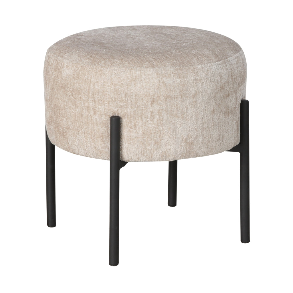 Monroe beige ottoman with black legs providing a stylish and comfortable seating option for any room.