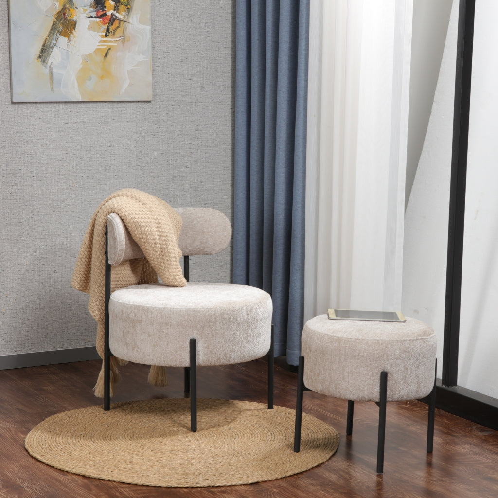 Monroe chair and stool with blanket draped over them.