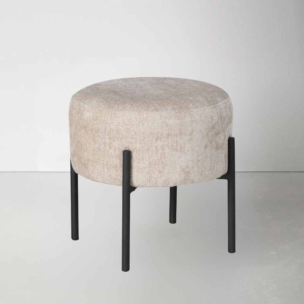 Monroe round stool with black legs and a beige fabric providing comfortable seating in a neutral color scheme.