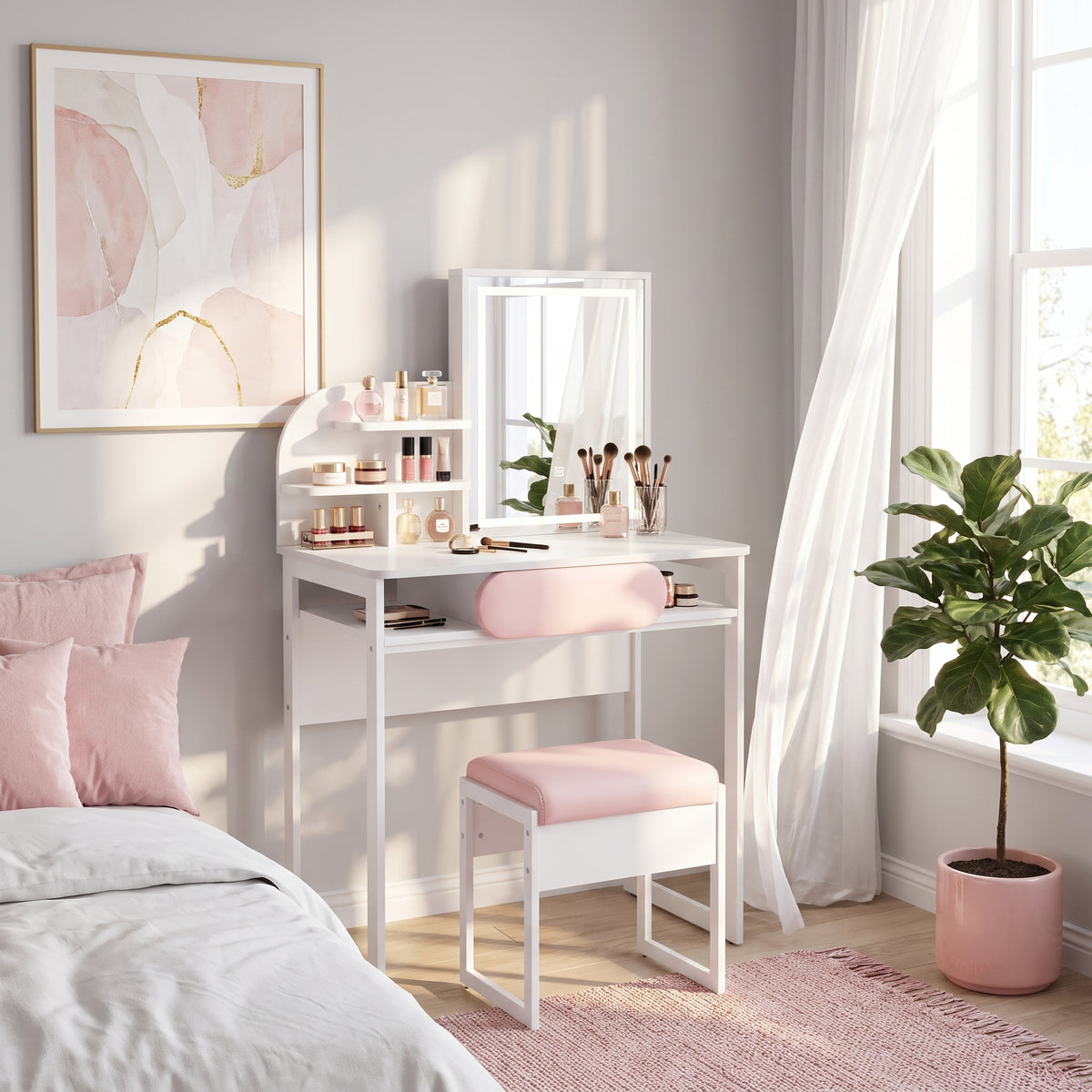 Bella LED Dressing Table with Mirror & Stool – White & Pink