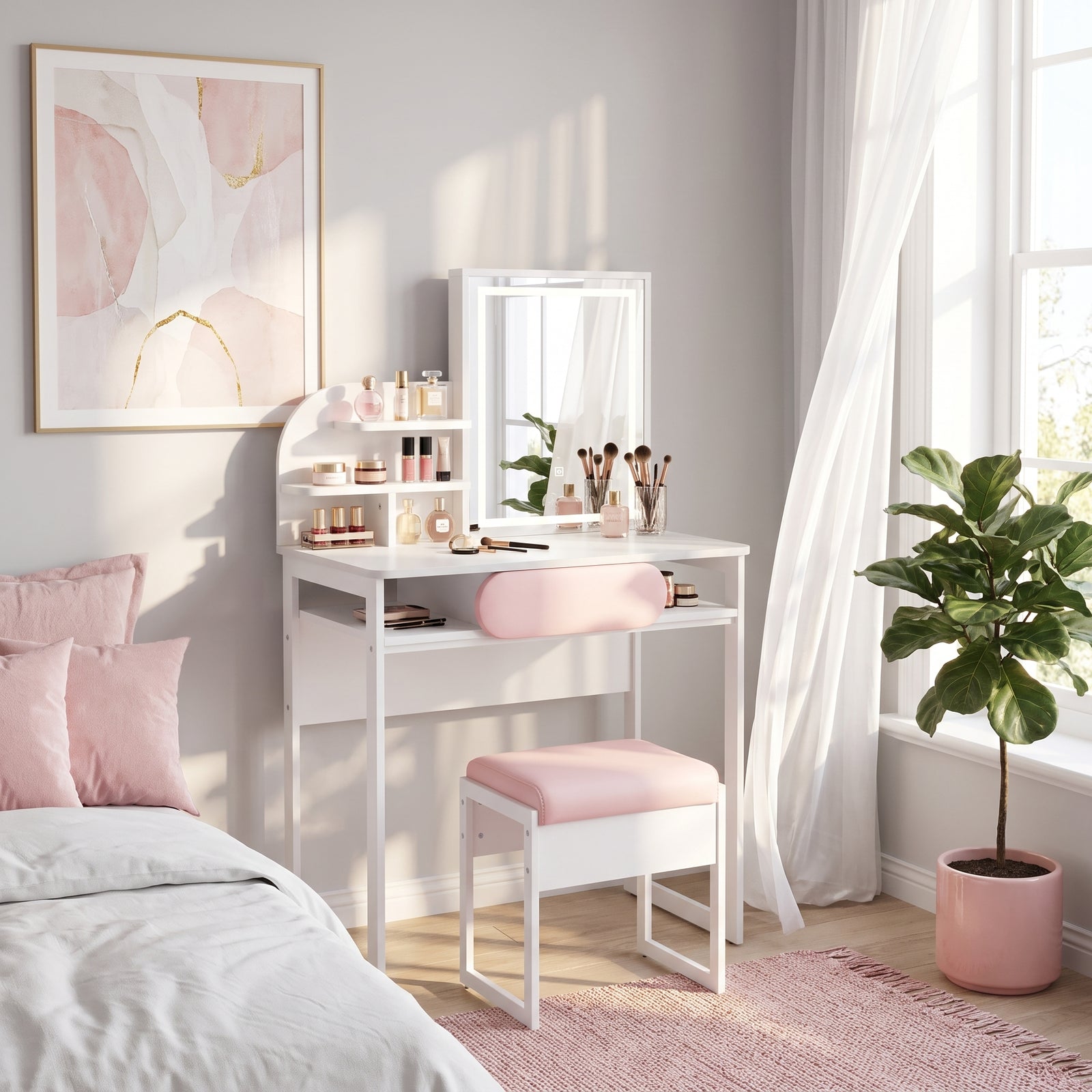 Bella LED Dressing Table with Mirror & Stool – White & Pink