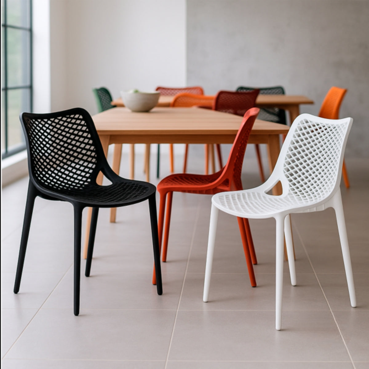Replica Bilros Chairs in black, red, and white around an indoor dining table, demonstrating the chair's versatility