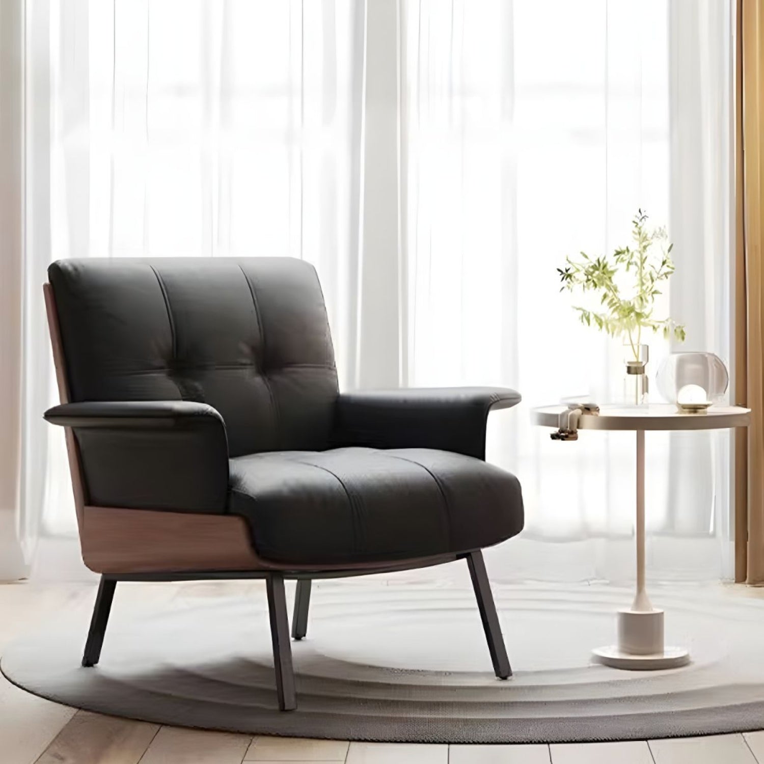 Replica Daiki sleek black leather lounge armchair in white curtained room.