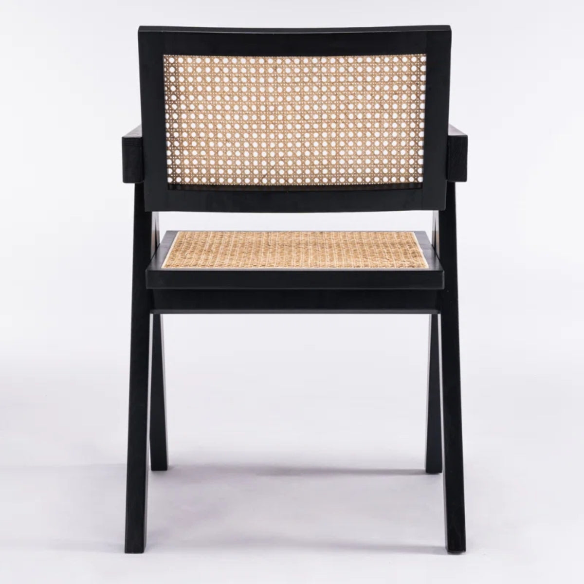 replica jeanneret armchair rattan and solid wood back view