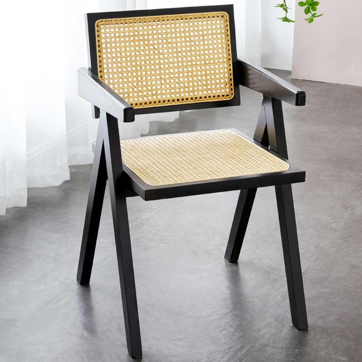 replica jeanneret armchair rattan and solid wood black front view