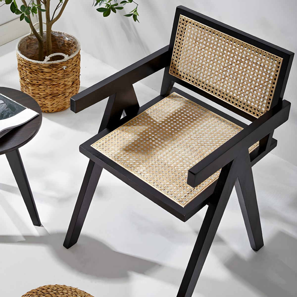 replica jeanneret armchair rattan and solid wood black top view