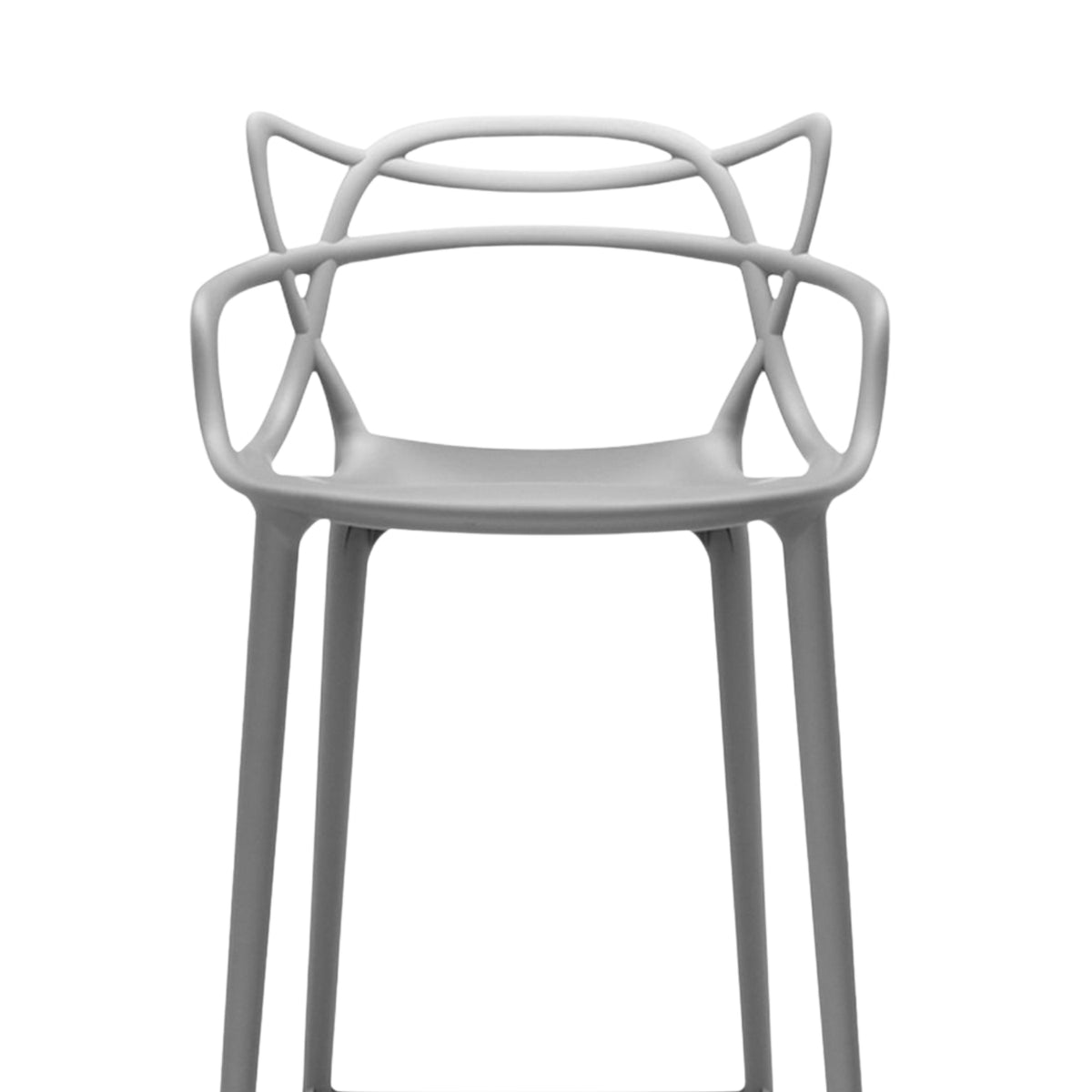 A close-up front view of the grey Replica Masters Bar Stool, highlighting the detailed design of the backrest.